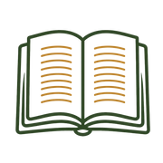 A minimalist line-art icon of an open book with dark green outlines and tan page lines on a solid white background.