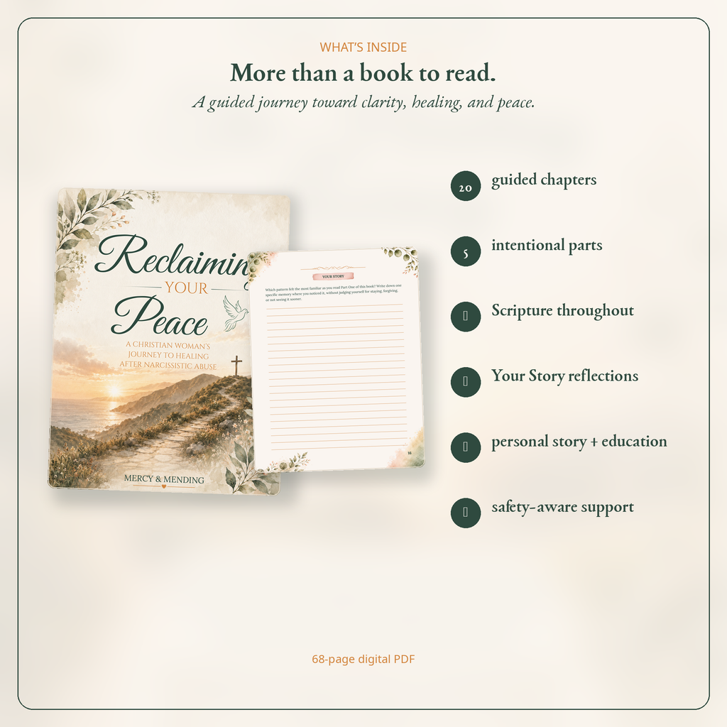 Promotional graphic for a digital PDF book titled 'Reclaim Your Peace' by Mercy & Mending. The design shows the book cover with a sunset landscape and floral border, an open lined reflection page, and text listing included contents such as guided chapters, intentional parts, scripture, story reflections, and safety-aware support on a warm cream background.