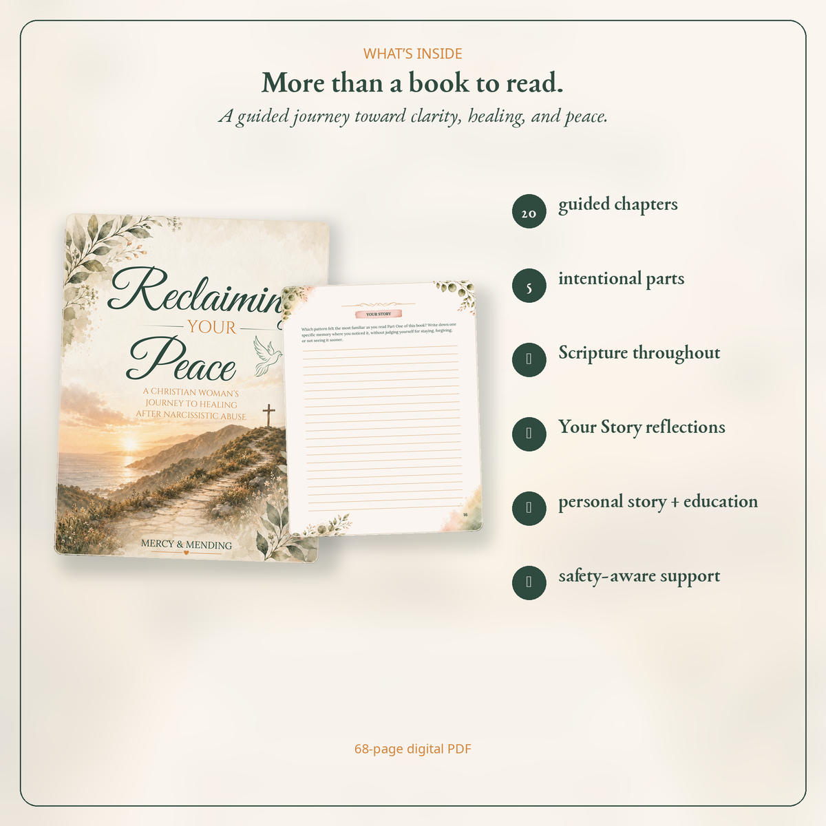 Promotional graphic for a digital PDF book titled 'Reclaim Your Peace' by Mercy & Mending. The design shows the book cover with a sunset landscape and floral border, an open lined reflection page, and text listing included contents such as guided chapters, intentional parts, scripture, story reflections, and safety-aware support on a warm cream background.