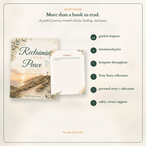 Promotional graphic for a digital PDF book titled 'Reclaim Your Peace' by Mercy & Mending. The design shows the book cover with a sunset landscape and floral border, an open lined reflection page, and text listing included contents such as guided chapters, intentional parts, scripture, story reflections, and safety-aware support on a warm cream background.