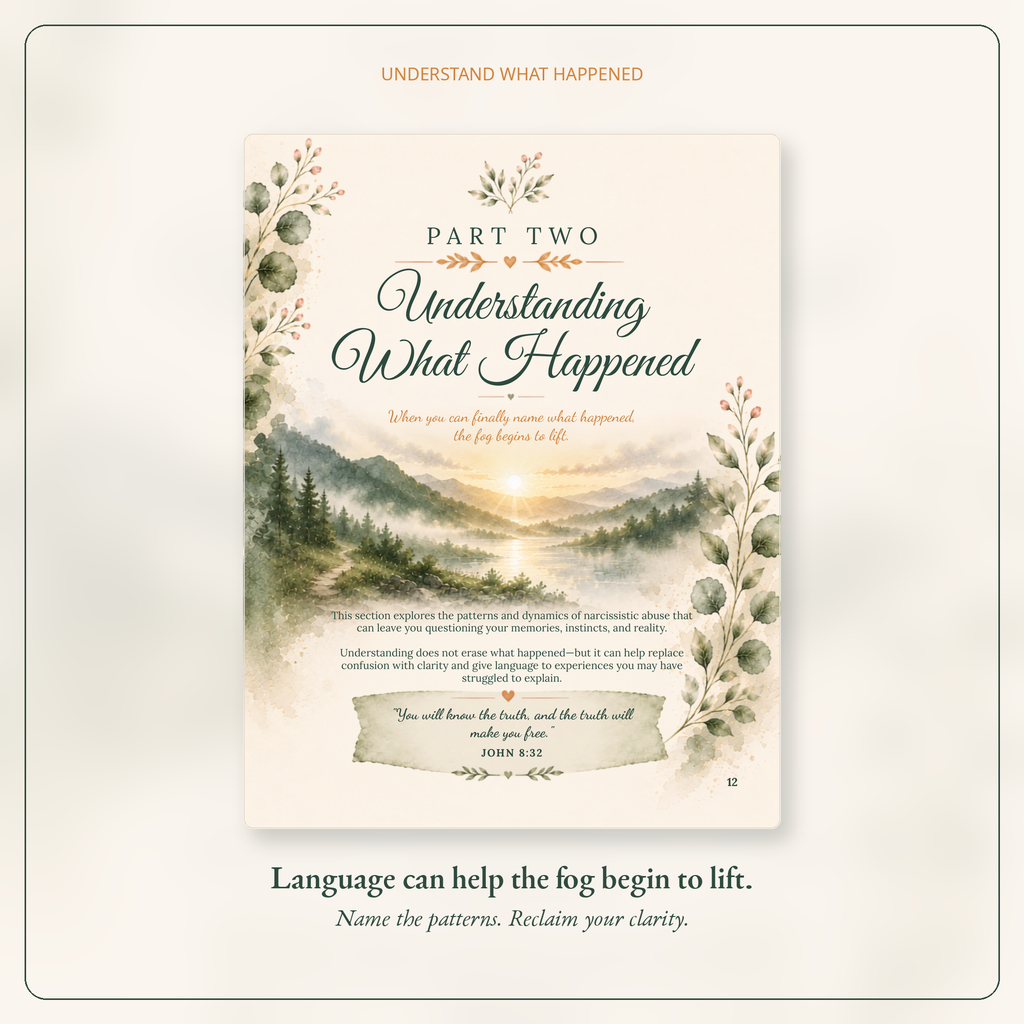 A centered printed card or booklet cover titled 'Understanding What Happened' with decorative botanical borders, a soft-focus forest landscape illustration, and text sections including 'Part Two.' It is shown on a light warm background with additional supporting text above and below.