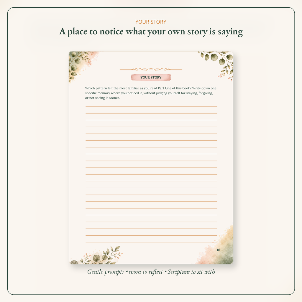 A single lined journaling or reflection sheet centered on a light cream background, with floral corner decorations and the title 'YOUR STORY' at the top. Above the sheet, the text reads 'A place to notice what your own story is saying,' and below, 'Gentle prompts • room to reflect • Scripture to sit with.