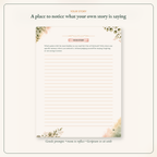 A single lined journaling or reflection sheet centered on a light cream background, with floral corner decorations and the title 'YOUR STORY' at the top. Above the sheet, the text reads 'A place to notice what your own story is saying,' and below, 'Gentle prompts • room to reflect • Scripture to sit with.