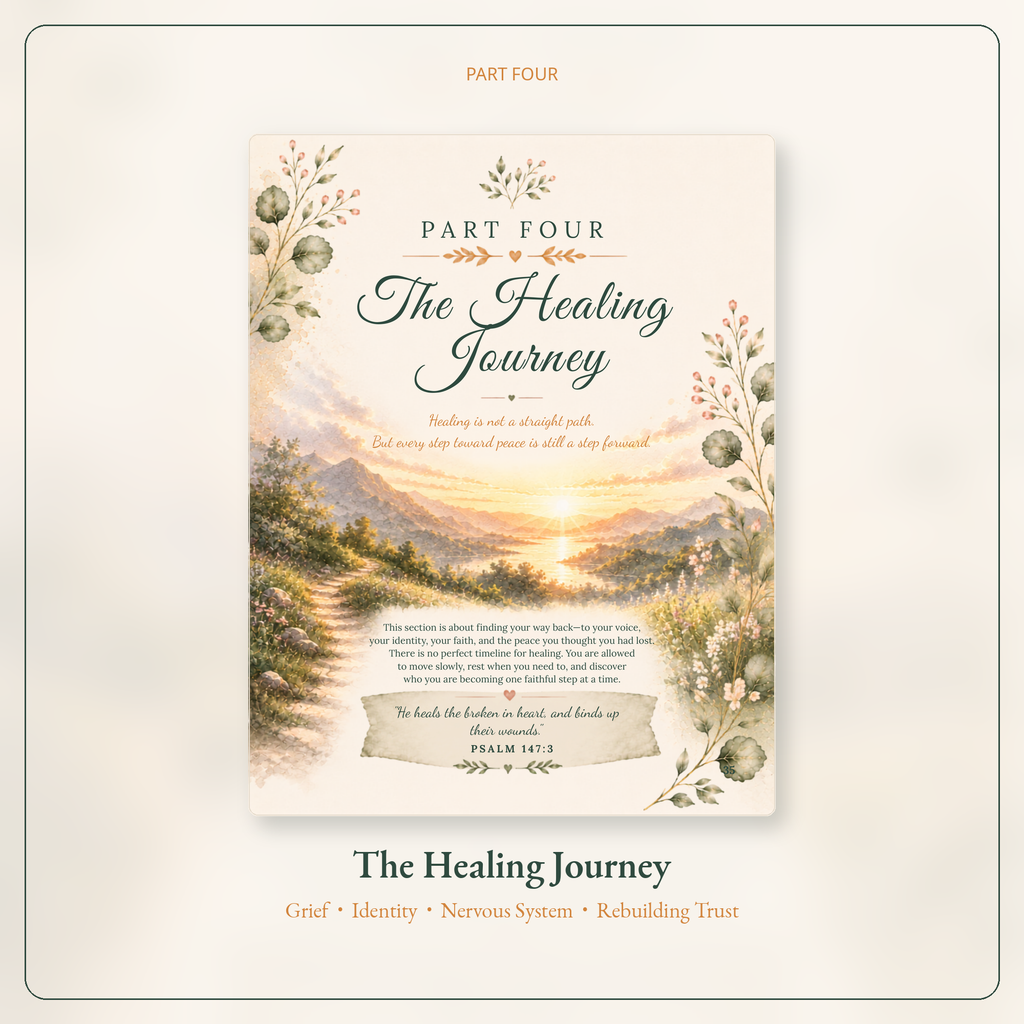 A centered printed booklet or card titled "The Healing Journey" with decorative botanical illustrations and a scenic landscape photo on the cover, shown on a warm beige background with the text "PART FOUR" above and additional title text below.