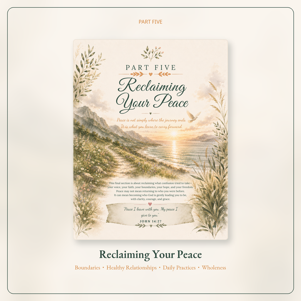 A square printed card or poster design titled "Reclaiming Your Peace" with decorative botanical illustrations, a sunset over water, and small text sections, shown centered on a light beige background with the heading "PART FIVE" above and additional title text below.