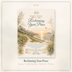 A square printed card or poster design titled "Reclaiming Your Peace" with decorative botanical illustrations, a sunset over water, and small text sections, shown centered on a light beige background with the heading "PART FIVE" above and additional title text below.
