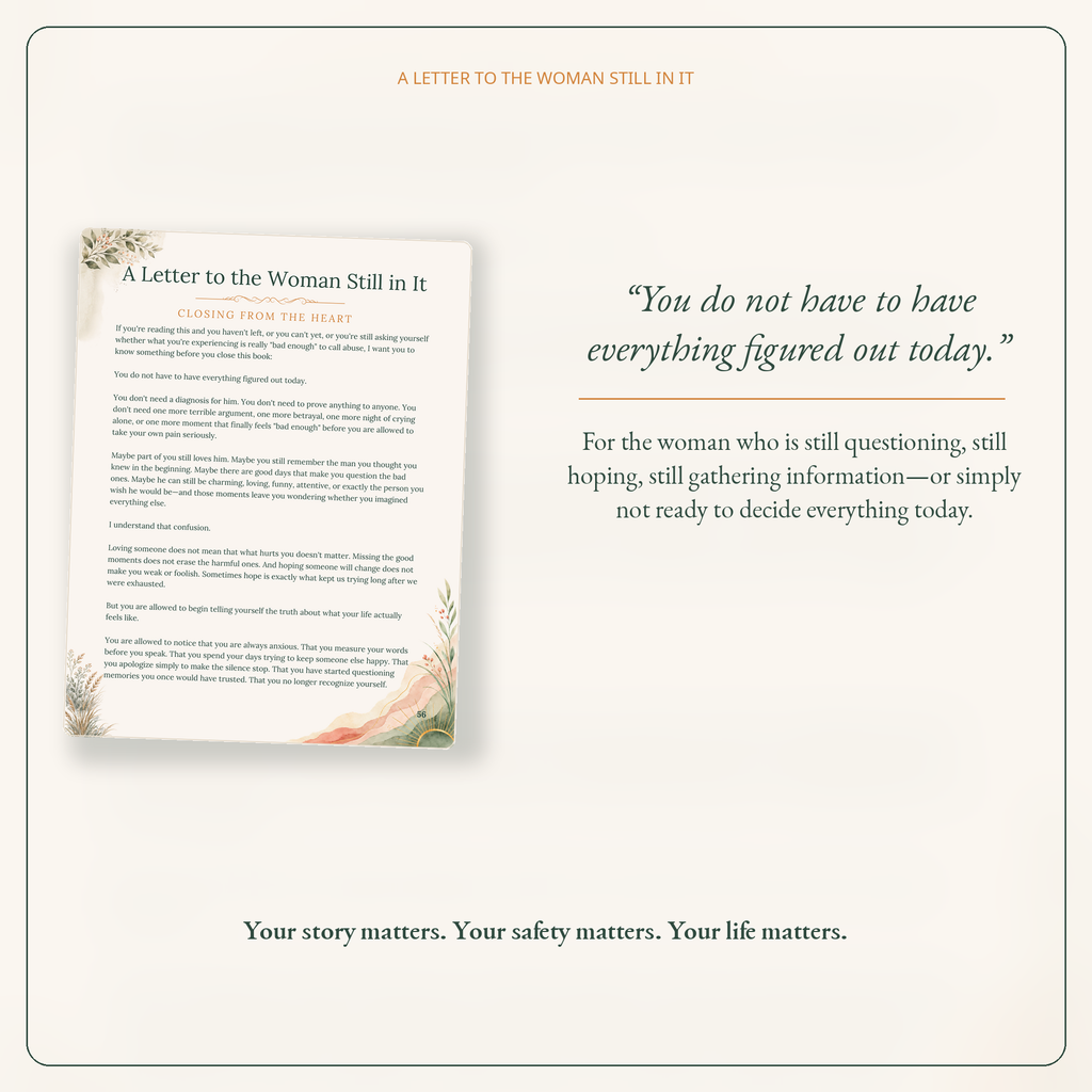 A letter card titled 'A Letter to the Woman Still In It' with floral corner details, shown on a warm beige background with supporting text and a quote. The card is part of a clean promotional layout with no person or real environment.