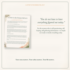 A letter card titled 'A Letter to the Woman Still In It' with floral corner details, shown on a warm beige background with supporting text and a quote. The card is part of a clean promotional layout with no person or real environment.