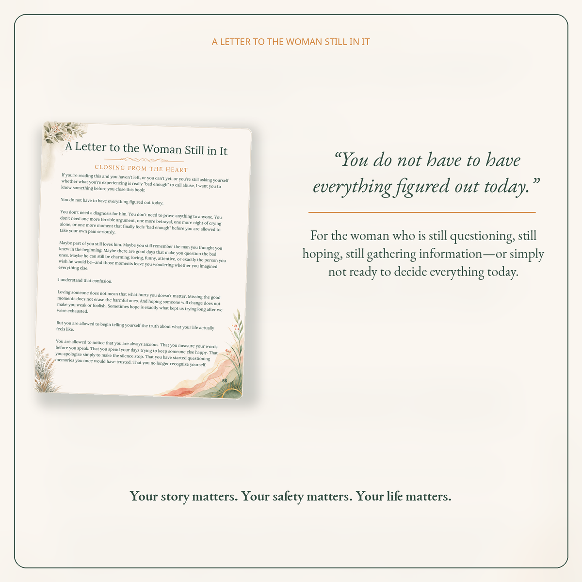 A letter card titled 'A Letter to the Woman Still In It' with floral corner details, shown on a warm beige background with supporting text and a quote. The card is part of a clean promotional layout with no person or real environment.