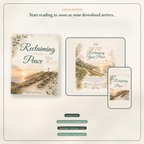 Digital edition preview for a printable journal or book titled "Reclaiming Your Peace," shown as a book cover, a page layout, and a phone screen mockup on a light beige background with text noting instant digital download and printable personal copy.