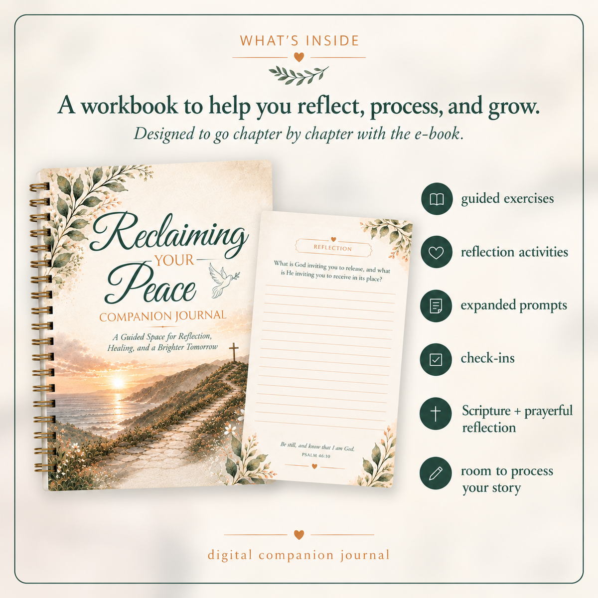 A workbook cover and an interior reflection page are shown on a cream background with marketing text describing features like guided exercises, reflection activities, expanded prompts, check-ins, scripture reflection, and room to process your story.
