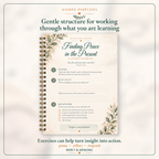A spiral-bound guided exercise booklet titled 'Finding Peace in the Present' with floral illustrations, centered on a soft cream background with decorative text above and below.