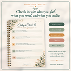 A spiral-bound planner page titled 'Today's Check-In' with floral illustrations, shown on a cream background with supporting text and color-coded categories: emotions, patterns, boundaries, truth, next step, and mercy & mending.