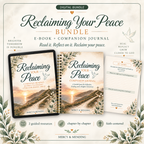 Digital product bundle cover for 'Reclaiming Your Peace' by Mercy & Minding, showing an e-book, a companion journal, and a reflection sheet on a cream background with decorative floral borders and icons.