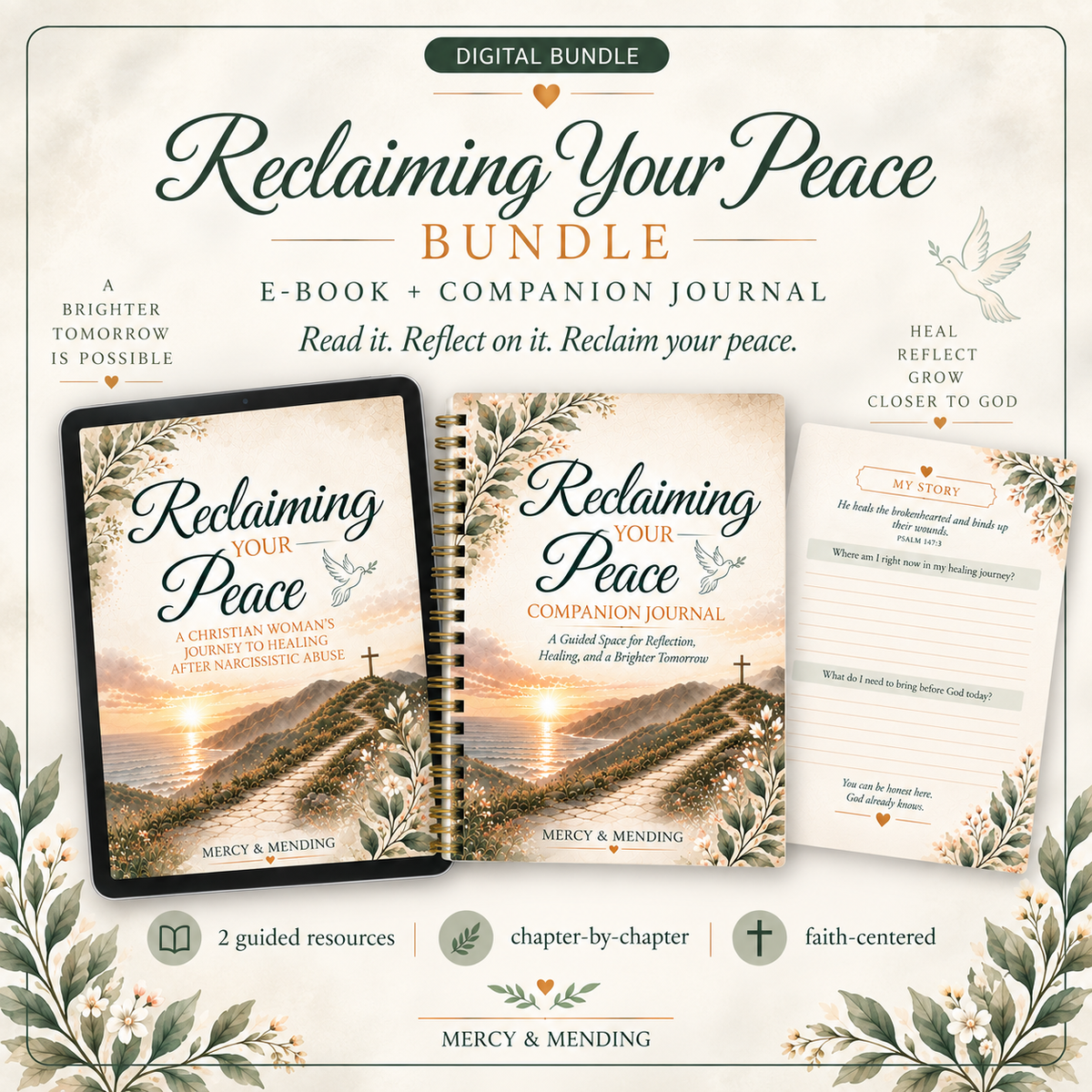 Digital product bundle cover for 'Reclaiming Your Peace' by Mercy & Minding, showing an e-book, a companion journal, and a reflection sheet on a cream background with decorative floral borders and icons.