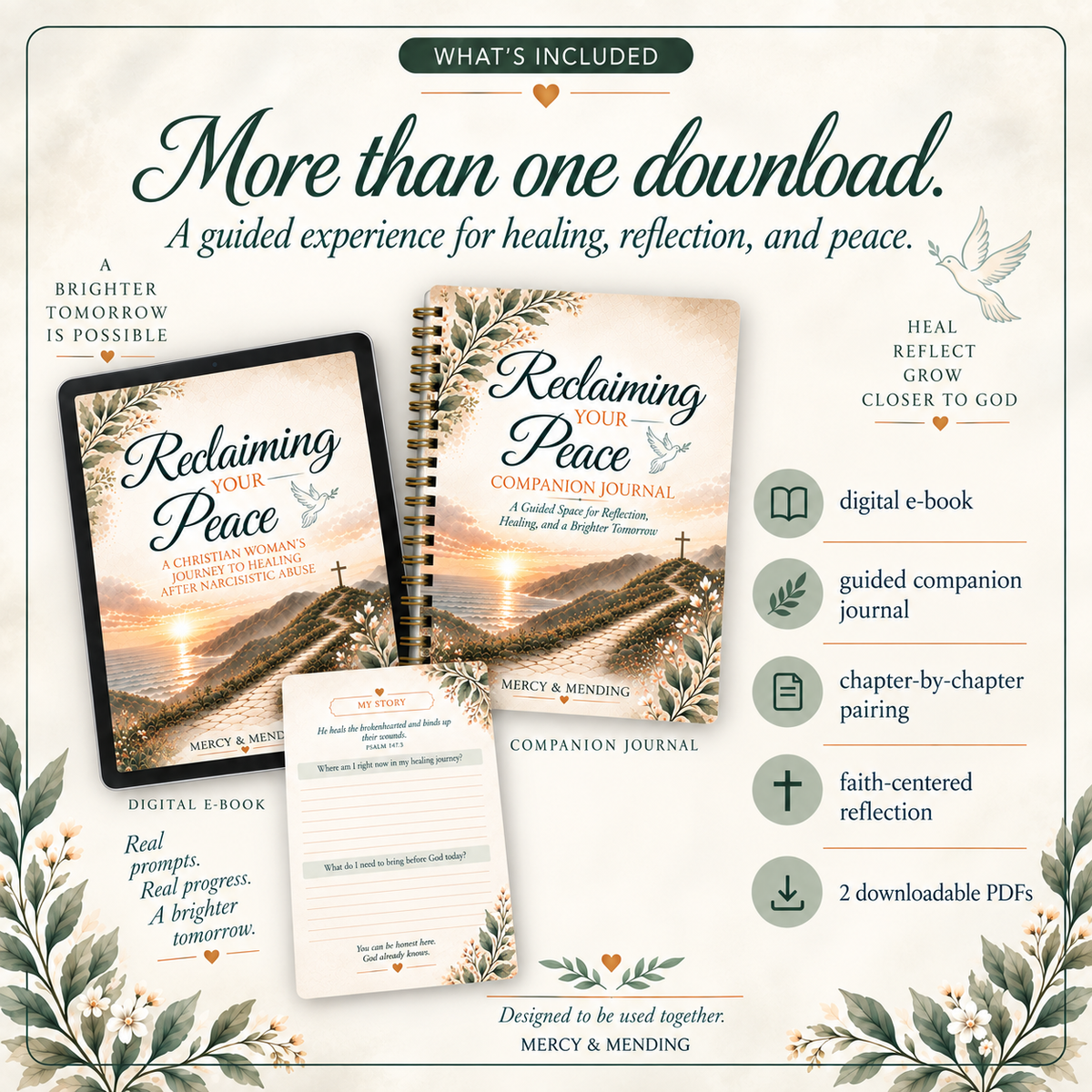 Promotional graphic for a digital companion journal and e-book bundle titled 'Reclaiming Peace' by Mercy & Minding. The design shows a tablet and a spiral-bound journal with matching illustrated covers, plus a small worksheet card.
