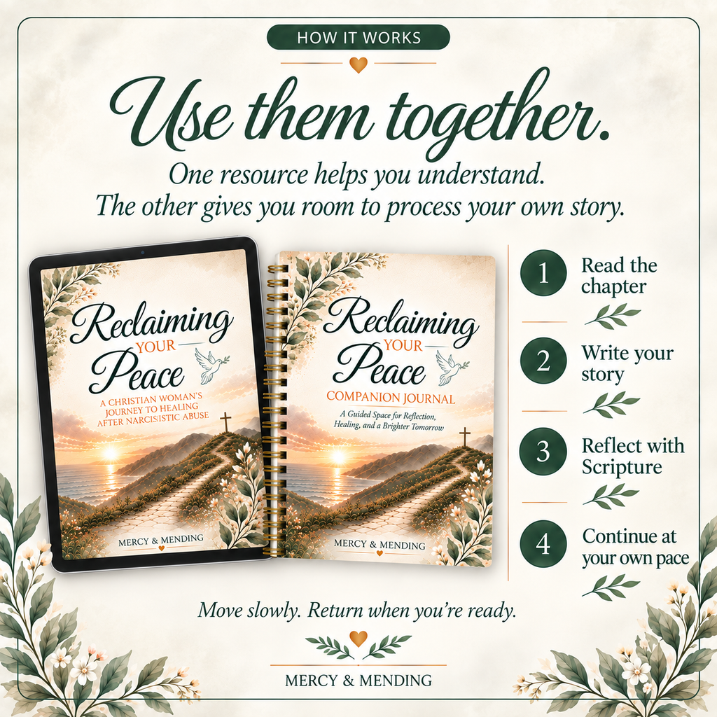 Promotional graphic for the 'Reclaiming Your Peace' companion journal and guide set by Mercy & Mending. The design features two mockups of the spiral-bound journal and a matching guidebook on a textured cream background with decorative botanical borders and step-by-step instructions on the right.