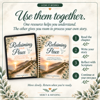 Promotional graphic for the 'Reclaiming Your Peace' companion journal and guide set by Mercy & Mending. The design features two mockups of the spiral-bound journal and a matching guidebook on a textured cream background with decorative botanical borders and step-by-step instructions on the right.