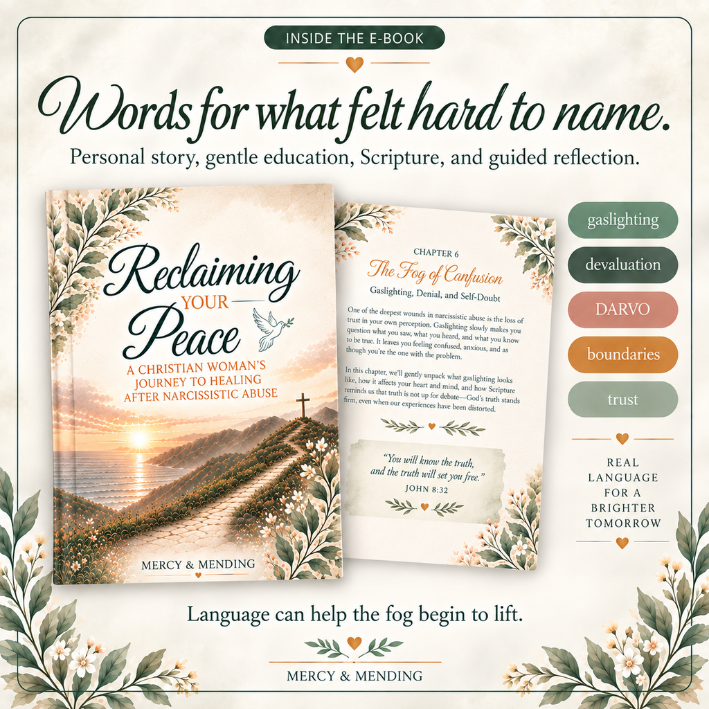 Promotional graphic for an e-book titled 'Reclaiming Our Peace' by Mercy & Mending, showing the front cover and an interior page with text about healing after narcissistic abuse. The design includes decorative floral borders, large headline text, and color chips labeled gaslighting, devaluation, DARVO, boundaries, and trust.