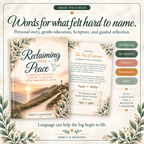 Promotional graphic for an e-book titled 'Reclaiming Our Peace' by Mercy & Mending, showing the front cover and an interior page with text about healing after narcissistic abuse. The design includes decorative floral borders, large headline text, and color chips labeled gaslighting, devaluation, DARVO, boundaries, and trust.
