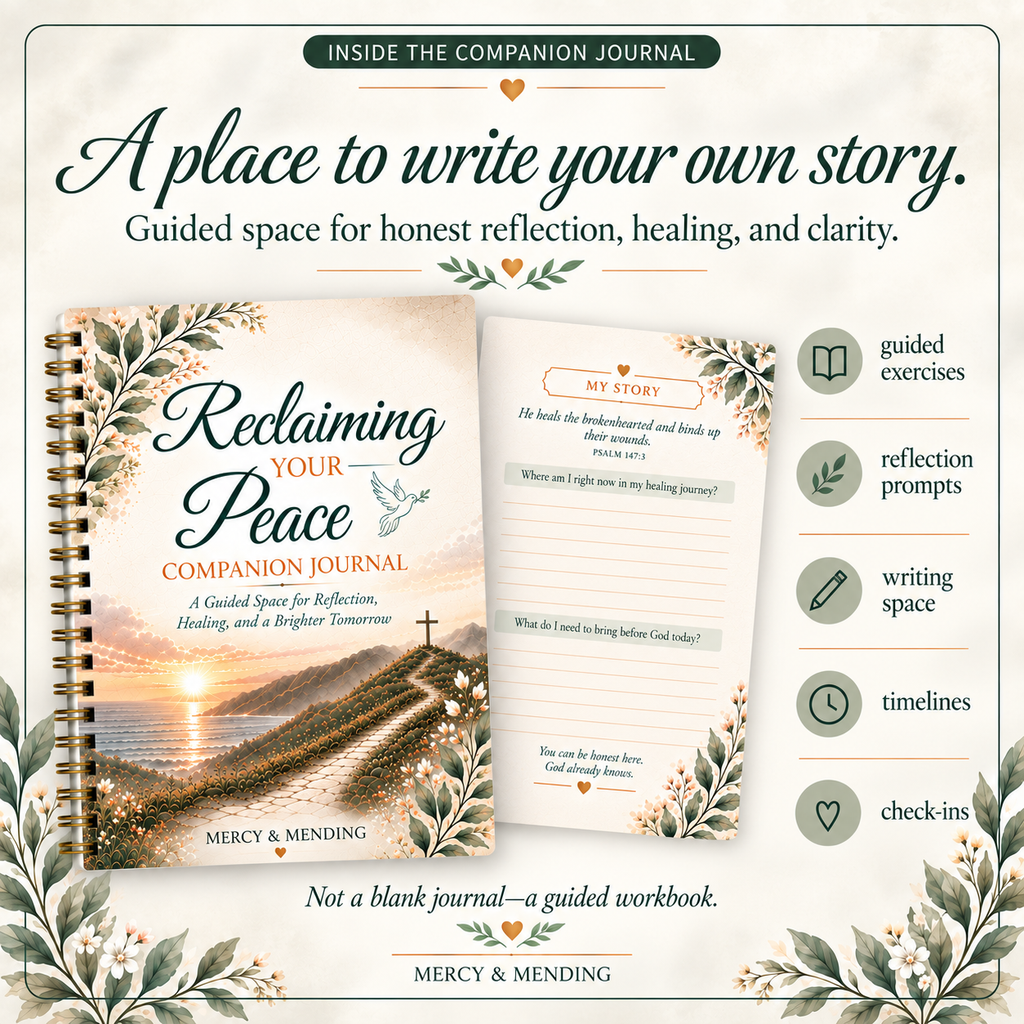 Promotional graphic for the 'Reclaiming Your Peace Companion Journal' by Mercy & Minding, showing the spiral-bound book cover and an open interior page with writing prompts and reflection space, surrounded by decorative floral borders and feature callouts.
