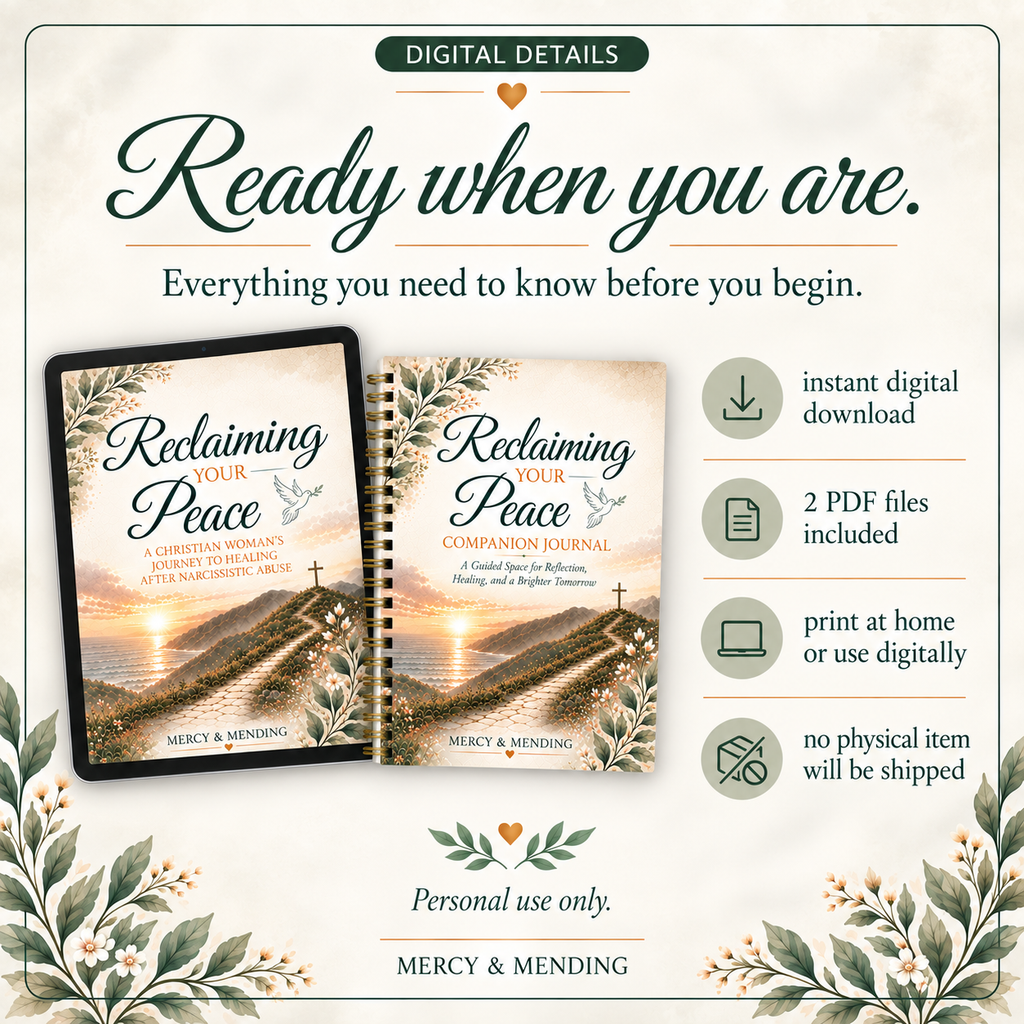 Promotional graphic for a digital Bible journal and companion workbook set titled 'Reclaiming Your Peace' by Mercy & Mending. The design shows two book covers on a cream background with decorative floral borders and text describing instant digital download, 2 PDF files included, print/home use, and no physical item shipping.