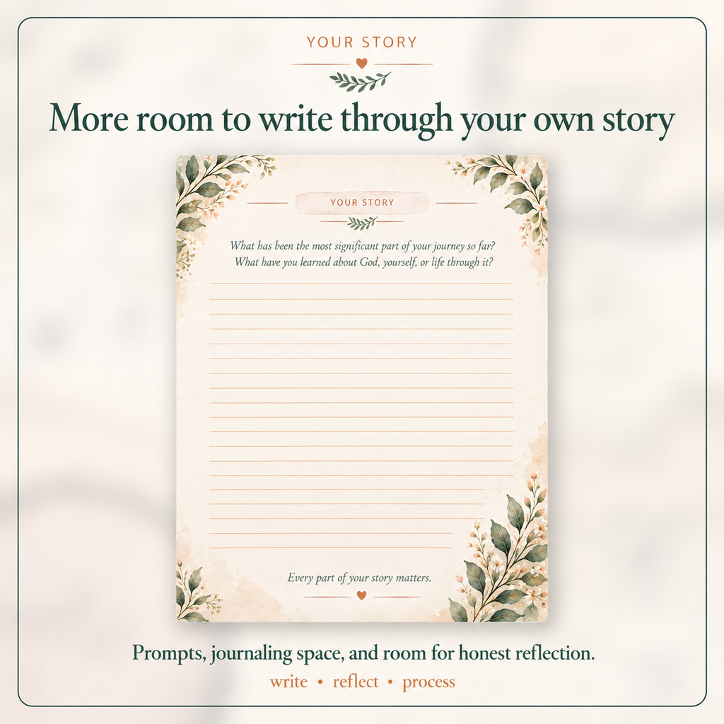 A journaling prompt sheet centered on a soft cream background with decorative botanical corner illustrations. The sheet includes the title 'YOUR STORY,' a short reflective prompt, lined writing space, and smaller text at the bottom reading 'Every part of your story matters.