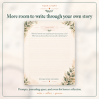 A journaling prompt sheet centered on a soft cream background with decorative botanical corner illustrations. The sheet includes the title 'YOUR STORY,' a short reflective prompt, lined writing space, and smaller text at the bottom reading 'Every part of your story matters.