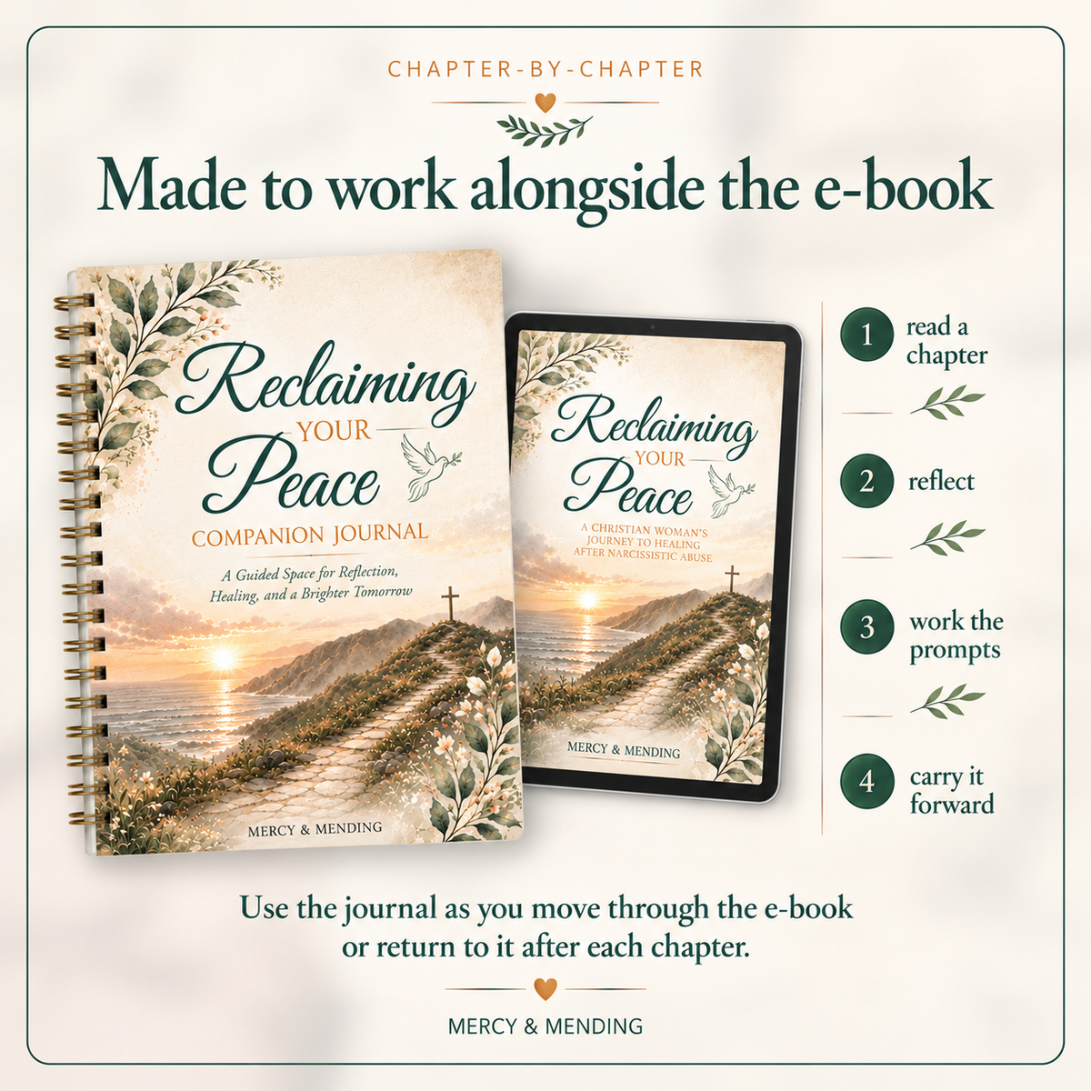 A promotional graphic for the 'Reclaiming Your Peace Companion Journal' by Mercy & Minding, showing both a spiral-bound journal and a tablet mockup with the same cover design. The image includes text explaining how the journal complements an e-book, with four numbered steps on the right.