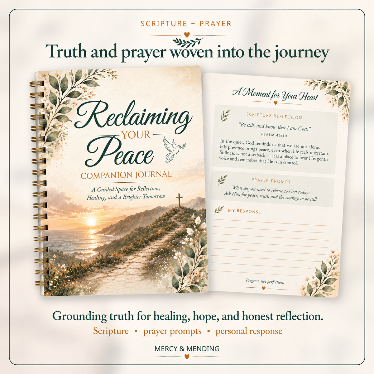 A spiral-bound journal and an open prayer page displayed together on a cream background. The journal cover reads 'Reclaiming Your Peace' with floral illustrations and a sunset landscape photo.