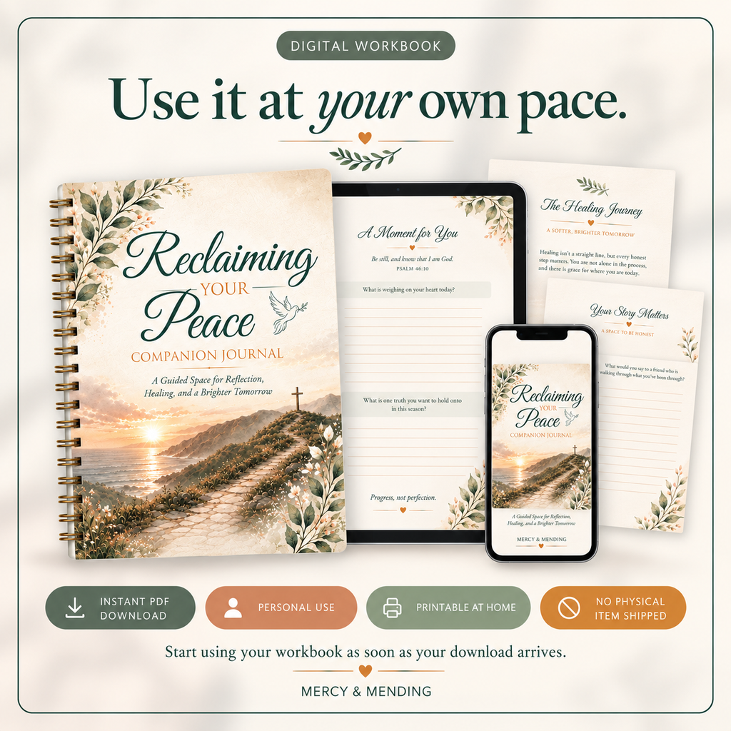 Digital workbook cover and sample pages for 'Reclaiming Your Peace' displayed on a journal, tablet, and phone mockup, with text reading 'Use it at your own pace.' and purchase/usage icons at the bottom.