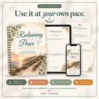 Digital workbook cover and sample pages for 'Reclaiming Your Peace' displayed on a journal, tablet, and phone mockup, with text reading 'Use it at your own pace.' and purchase/usage icons at the bottom.