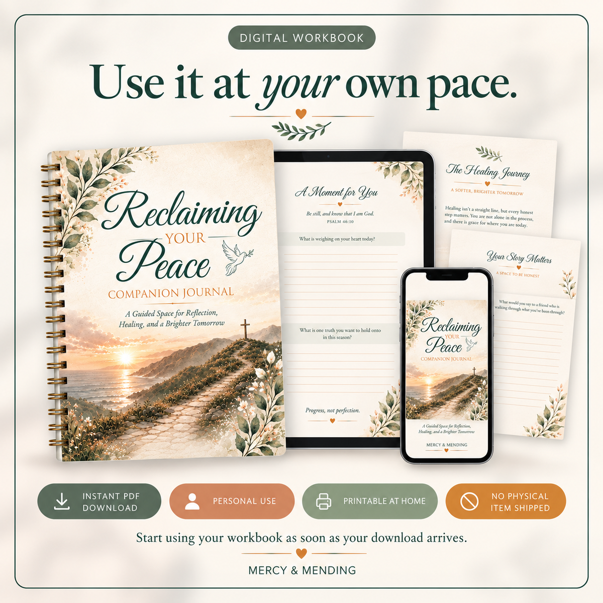 Digital workbook cover and sample pages for 'Reclaiming Your Peace' displayed on a journal, tablet, and phone mockup, with text reading 'Use it at your own pace.' and purchase/usage icons at the bottom.