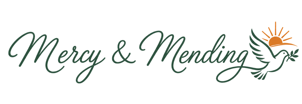 Mercy and Mending medium-weight horizontal transparent logo